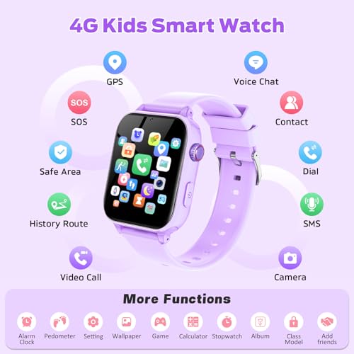 Image of 4G Kids Smart Watch with GPS Tracker, Video Call & Texting, Smart Watch for Kids with SIM Card, SOS, School Mode, HD Camera, Pedometer, Kid Watch Gift for Boys Girls Age 4-12, Purple