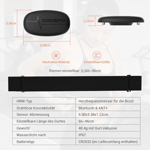 COOSPO H6M Herzfrequenzmesser Pulsgurt Brustgurt Bluetooth ANT+ Konnektivität, Herzfrequenz Sensor IP67 Wasserdichter, Kompatibel mit Wahoo, Elite HRV, Rouvy, adidas Run, Kinomap, Pulsoid