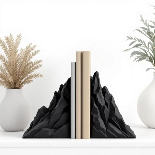 Image of Modern Mountain-Shaped Bookend Supports - Decorative Heavy-Duty Book Holder Pair (Set of 2) for Shelves, Study Table & Office Desk, Stylish Sculptural Book Organizer
