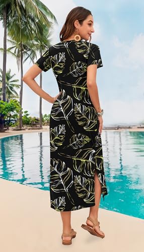 Image of MISFAY Women Summer Maxi Dresses 2026 Casual Short Sleeve Long T Shirt Dress Split Beach Sundress Travel Vacation with Pocket