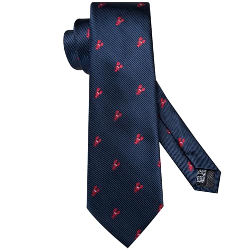 Image of Hi-Tie Navy Blue Ties for Men Silk Crabs Funby Animal Necktie Pocket Square Cuff-links Sets Wedding Business Holiday