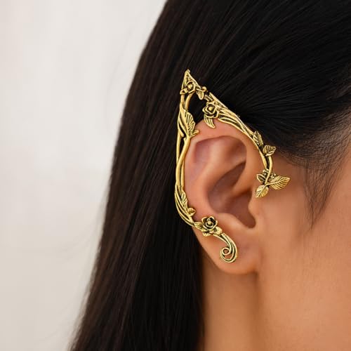 Gothic Elves Ear Cuff 2pcs Piercing Cartilage Climber Ear Wrap Retro Silver Gold Floral Vine Stud Earrings Punk Hip Hop Clip on Statement Earrings for Women2