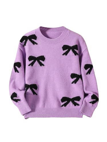 Image of BEAUDRM Girl's Cute Bow Sweater Crew Neck Long Sleeve Drop Shoulder Loose Pullover Tops