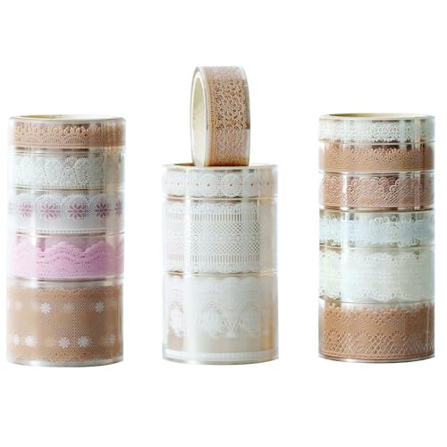 Songdao 15 rouleaux Motifs de dentelle Washi Tape Ruban Adhésif Papier Décoratif PET Masking Tape pour Scrapbooking Artisanat de Bricolage (1 voile au clair de lune)