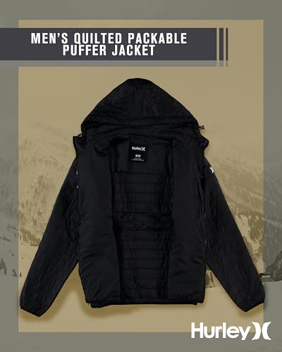 Image of Hurley Mens Puffer Jacket - Lightweight Packable Insulated Winter Coat for Men - Weather Resistant Quilted Outdoor Jacket