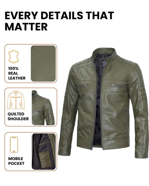 Image of Decrum Cafe Racer Leather Jacket for Men - Real Lambskin Motorcycle Style Mens Jacket with Zipper Closure