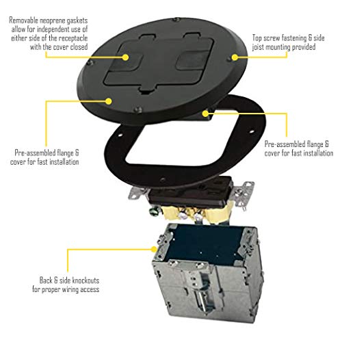 Hubbell-Raco 6239Bk Floor Kit With Recessed Duplex 15A Tr Device And Adjustable Steel Box, 1-Gang, Black #TOP6