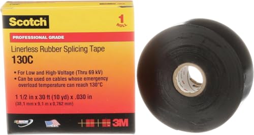 Image of 3M Scotch Linerless Electrical Splicing Tape 130C for Wires and Cables, 1-1 /2 in x 30 ft, Rubber Backing, Self Fusing, UV Resistance, Highly Conformable, Moisture Seal, Black, 1 Roll (Pack of 12)