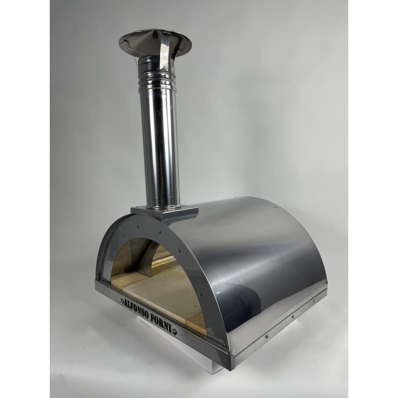 Forno Pizza a Legna Da Esterno - Cottura Diretta In Acciaio Inox e Mattoni Refrattari Biscotto 3 cm, Alfonso 2 Pizze Full Optional Inox, con Pirometro 500 Gradi e Porta Fuoco - Forno Pizza Da Giardino