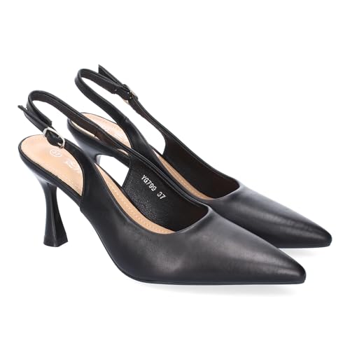 shoes&blues.es 89778 Zapato para Mujer, Estilo Salon, con Tacon, Puntera Fina, Talon Abierto y Hebilla Ajustable. Negro Talla 38