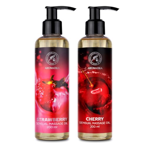 Huile de Massage Sensuel Set 2x200ml - Fraise & Cerise - Mélange Naturel d'huiles de Pépins de Raisin et Amande - Huile Corporelle pour Lui et pour Elle -...