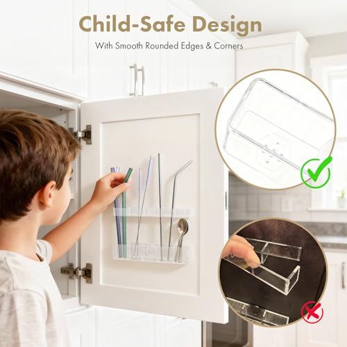 Colormz Acrylic Straw Holder for Cabinet Door - Child-Safe Organizer & Dispenser with Smooth Rounded Edges for Kitchen Accessories Storage, Adhesive Circles Included (Clear Transparent) #2