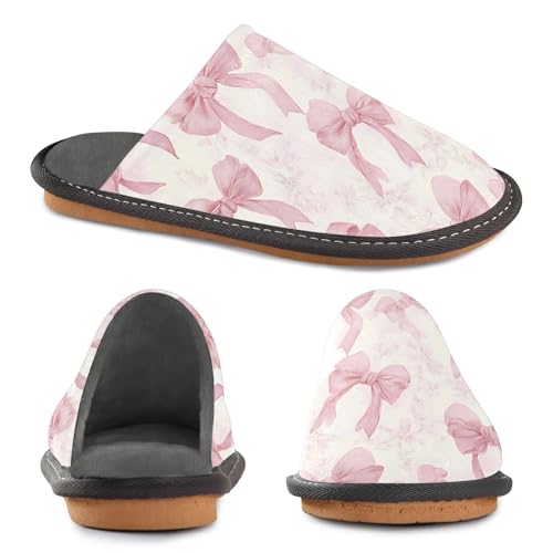 Slippers for Women Bow Knot Pink Pattern Soft Winter Warm Shoes Indoor Outdoor Non-Slip House Travel Slippers4