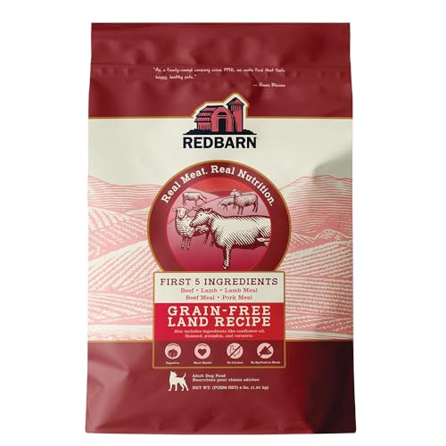Redbarn Grain-Free Adult Dry Dog Food Kibble - Land Beef Recipe - Made in USA No Chicken Recipe with Functional Ingredients to Support Healthy Heart Skin Coat Immunity & Digestion - 4lb