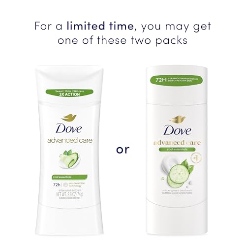 Image of Dove Advanced Care Antiperspirant Deodorant for Women, 72H Sweat & Odor Protection, Pro-Ceramide Technology, Kind to Skin, Alochol Free, Scent: Cool Essentials, Size: 2.6 oz (2 Pack)