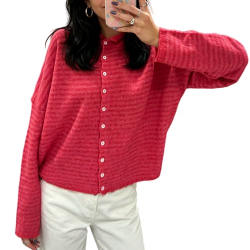 Women Knitted Cardigan Sweaters Long Sleeve Button Down Loose Knitwear Tops Y2k Vintage Jumper Knit Shirt (Watermelon Red Stripes M)