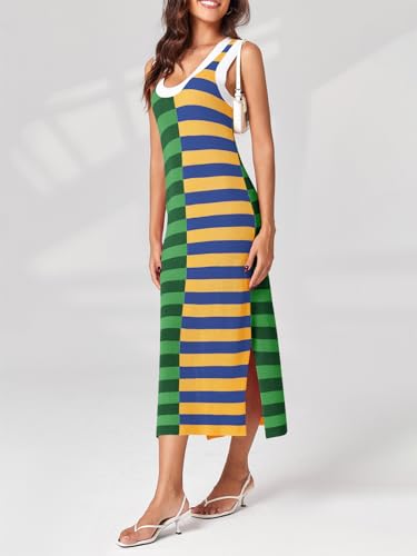 Image of Wenrine Womens Summer Striped Dress Sleeveless Knitted Contrast Color Side Slit Casual Maxi Beach Dress