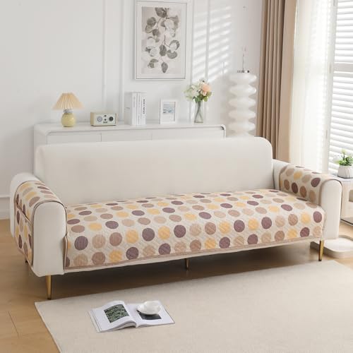 Image of HOKIPO 'HomeHues Series' Printed Quilted Sofa Seat Mat for 2 Seater Sofa with 2 Armrest Covers with Pockets, Brown Polka Dot (IN-807-D4 + IN-814-D4*2)