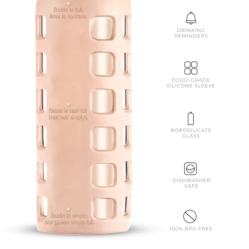 purifyou 40oz / 32oz / 22oz / 12oz Borosilicate Glass Water Bottle with Time & Volume Markers, Silicone Sleeve, Stainless Steel Lid | Reusable Glass Bottle for Water & Juice (12oz Hazelnut)