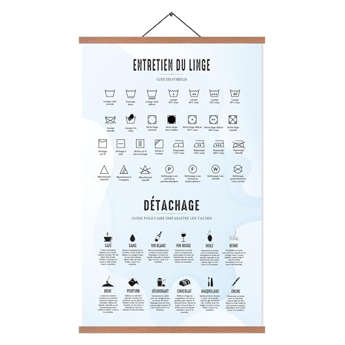 EASTJOY Buanderie Poster,Décoration de Blanchisserie,Français,Symboles de Lavage Affiche,Avec du Teck Porte Affiche 65X40cm(Grand A2)