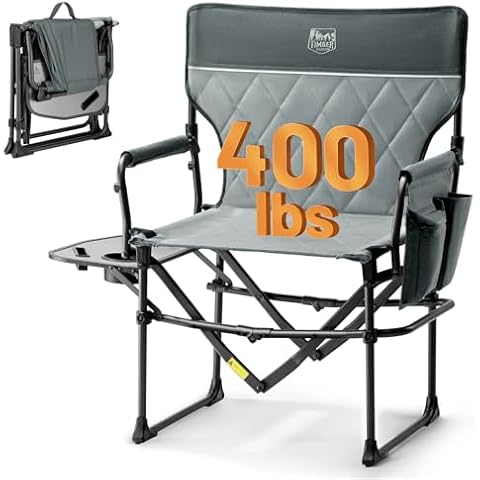 TIMBER RIDGE Heavy Duty Camping Chair with Compact Size, Portable Directors Chair with Side Table and Pocket for Camping, Lawn, Sports and Fishing, Supports Up to 400lbs, Grey Cover