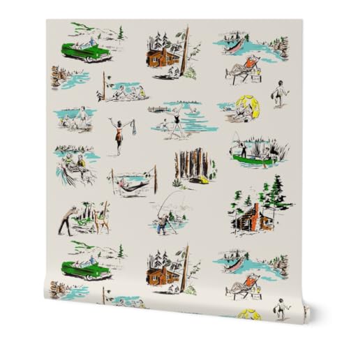Spoonflower Peel & Stick Wallpaper Swatch - Retro Mid Century Vintage Vacation Up North Wisconsin Travel 1960S Lake Holiday Cabin Woods Camping Custom Removable Wallpaper