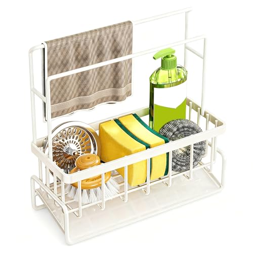 Organizador Cocina Fregadero Estrecho Organizador Productos Limpieza con Bandeja de Drenaje Porta Estropajos Fregadero de Acero ai Carbono para Cocina, Baño y Balcón(White)