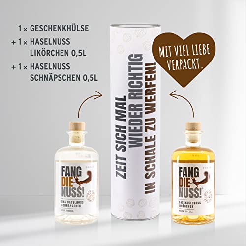 Fang die Nuss! | Geschenkset Lustige Box | Haselnusslikör 18% + Haselnuss Schnaps 36% + Hülse | 2x 500ml | Zeit sich mal wieder richtig in Schale zu werfen!