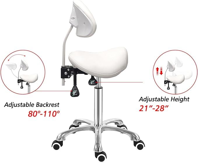 PLUS SANTE - Tabouret QUIX Ergonomique - 3 Vérins à Gaz - Chaise pour Professionnels - Revêtement PU Blanc - Selle Ergonomique Type Selle de Cheval - Hauteur Réglable