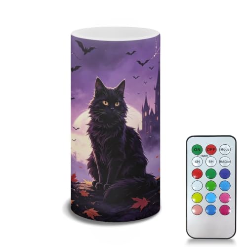 Image of Poceacles Flameless Light Candles Battery Operated Candles with Color Changing Timer Remote Control Tealights for Halloween Dinner Party Decor, Violet Black Cat Maple Bat Print
