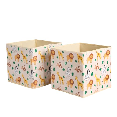 OHS Kids Storage Boxes 2 Pack, Safari Print Storage Cubes for Toys Games Clothing Space Saving Foldable Organiser Kids Cubes Storage Boxes, Beige