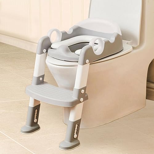 Image of Potty Training Seat with Step Stool Ladder for Kids and Toddler,Wiifo Sturdy Potty Ladder with Soft Padded Cushion for Boys and Girls,Toddler Toilet Training Seat Chair(Grey White)