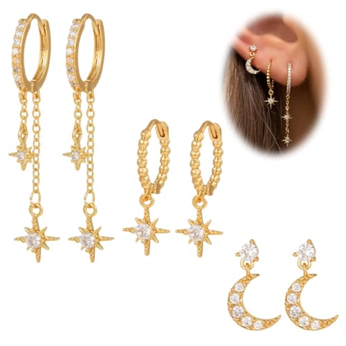 IKOPFLN Set de 3 Pares de Pendientes de Mujer,Juego de Pendientes Hipoalergénicos Pequeños de 14K,con Circonita bañados en Oro de 14K