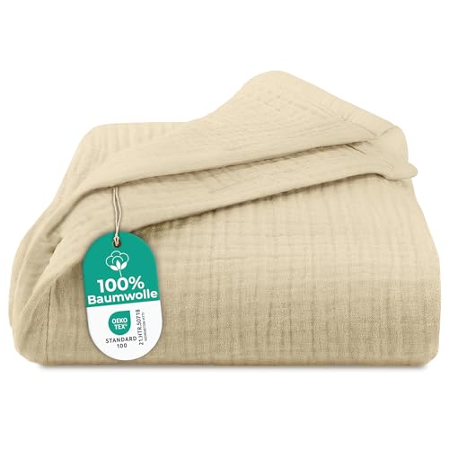Dreamzie Musselin Tagesdecke 220x240 cm Baumwolldecke Oeko-Tex Zertifiziert Atmungsaktive Kuscheldecke leichte Kuscheldecke Baumwolle als Sofa- Bett- & Couchüberwurf Beige