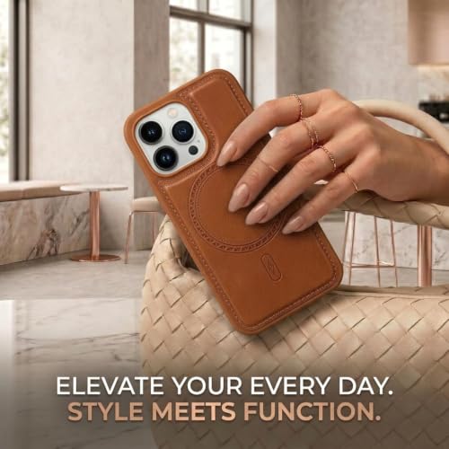 Image of amazon basics Premium PU Leather Case for iPhone 13 Pro, MagSafe Compatible Magnetic Ring, Sleek Protective Back Cover - [Tan]