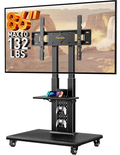 Image of Perlegear Rolling TV Stand for 32 inch-86 inch TVs up to 132 lbs, Outdoor TV Stand with Pegboard Storage & Quiet Wheels, Swivel & Height Adjustable Mobile TV Cart with Wood Shelf, Max VESA 600x400mm, PGTVC34B