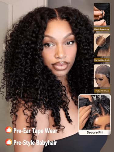 Image of Bye Bye Knots Curly Human Hair Wig with Finger Coil Ends 22inch | 7x5 HD Pre Cut Lace Pre Bleached Invisible Knots 150% Density Put On and Go Glueless Curly Wigs for Beginner