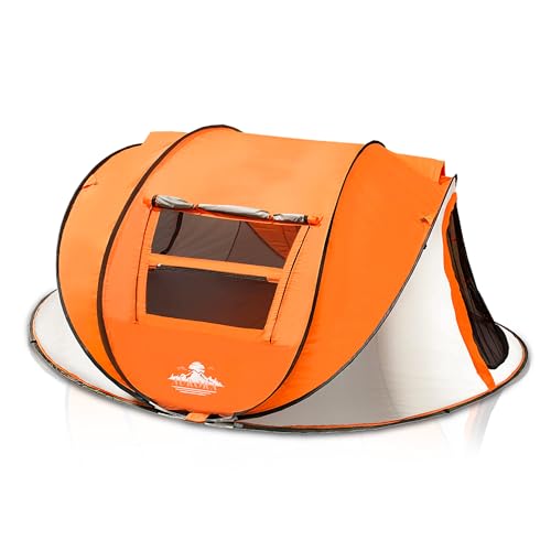J.M.Deco 4 Person PopTent up with 2 Windows, Pop Up Tents for Camping, Backyard Sunny Beach Instant Tent for Family, Hiking Tents for Backpacking 4 Person, Easy Setup Tent, Orange