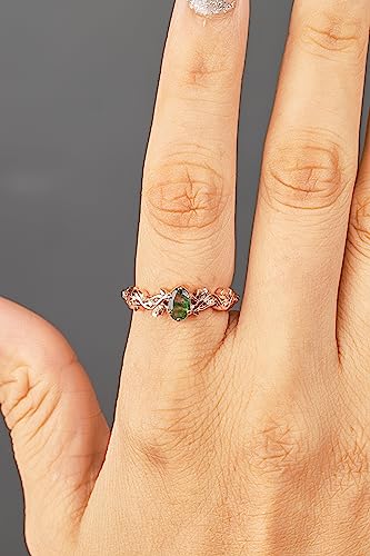 Oval Cut 0.40CT Natural Moss Agate Ring Rose Gold Plated 925 Sterling Silver Green Gemstone Leaf Vine Nature Inspired Engagement Rings for Women Size 4-104
