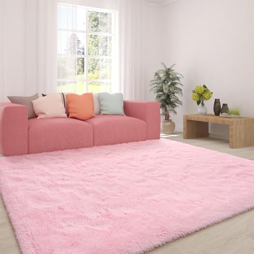 HOMORE Pink Rug for Girls, 5x8 Fluffy Shag Rugs for Living Room, Soft Bedroom Rugs for Kids Room, Cute Carpets for Dorm, Furry Rug for Nursery Indoor Decor