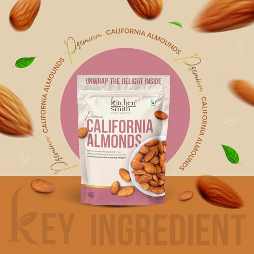 Image of KitchenSmith Jumbo California Almond - Pack of 4 (250gm Each) | Badam Giri, Naturally Sourced Crunchy Badaam & High In Antioxidant | Naturally Sweet & Tasty