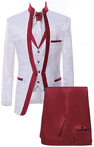 HZUOU Men's Slim Fit White Premium Floral Tuxedo Paisley Wedding Groom Prom Party 3 Pieces Business Suits HZH05