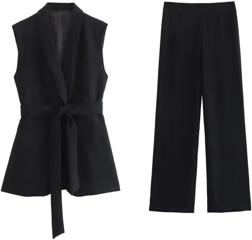 Elegant Women's Dress with Belt Sleeveless Vest a Set of Two Casual Handsome Sleeveless Jackets(Large)
