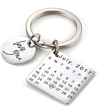 Handmade ItemsHandmade Stainless Steel Calendar Keychain - Personalized Key Chain for Couples, Silver Keyring With Date