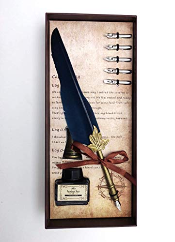 Toysvill Retro Feather Pen Set, Quill Pen Set Calligraphy Writing Dip Pen With Black Ink, 5 Replacement Nibs, Pen Stand Base, Luxury Vintage Signature Pen (Blue) #TOP5