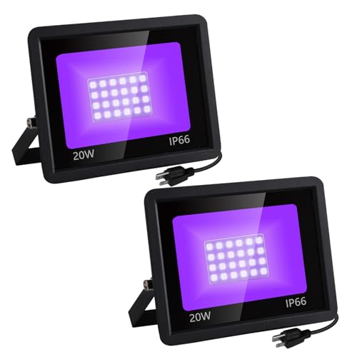 Gosle 2 Pack 20W Black Light, floodlight Black Light, 1.5m Power Plug with Switch, Suitable for Parties, Halloween Bars, Decorative Stages, Outdoor UV Light IP66 Waterproof (2)