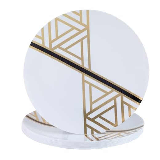 Dining Collection Party Plastic Plates – White and Gold Triangle Deco Design - Round - 10 Count- Elegant Premium Durable Plates for Versatile Celebrations (9”)