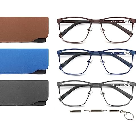 OLOMEE Reading Glasses Men Blue Light Blocking Square Magnifying Readers +2.50 Blue Ray Cheaters Glasses Metal Frames 3 Pack Cover