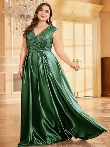 Image of Plus Size Satin Mother of the Bride Formal Gown for Wedding Sleeveless V-Neck Evening Dress