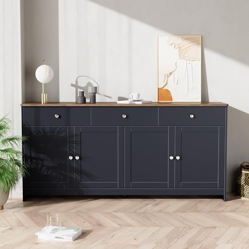 Ymkua Sideboard, Buffetschrank, Kommode für Wohnzimmer und Esszimmer, Moderner Wohnzimmerschrank, Aufbewahrungsschrank mit 4 Türen und 3 Schubladen,160x37x75 cm (Schwarz und Grau)